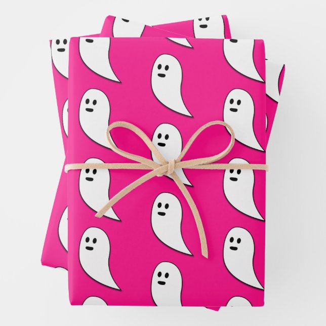 Hoja De Papel De Regalo Fantasma Halloween cálido rosa blanco lindo patrón (In situ)