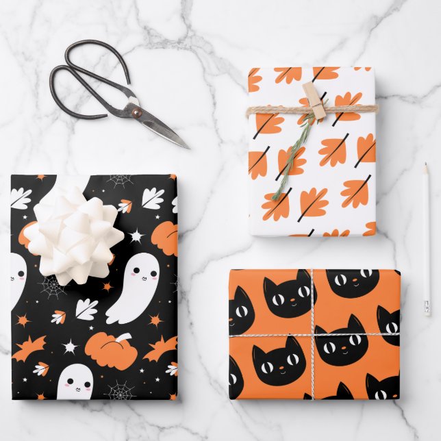Hoja De Papel De Regalo Fantasma Halloween, gato, caída espeluznante (Anverso)