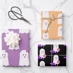 Hoja De Papel De Regalo Fantasma Lindo Halloween Morado Naranja
