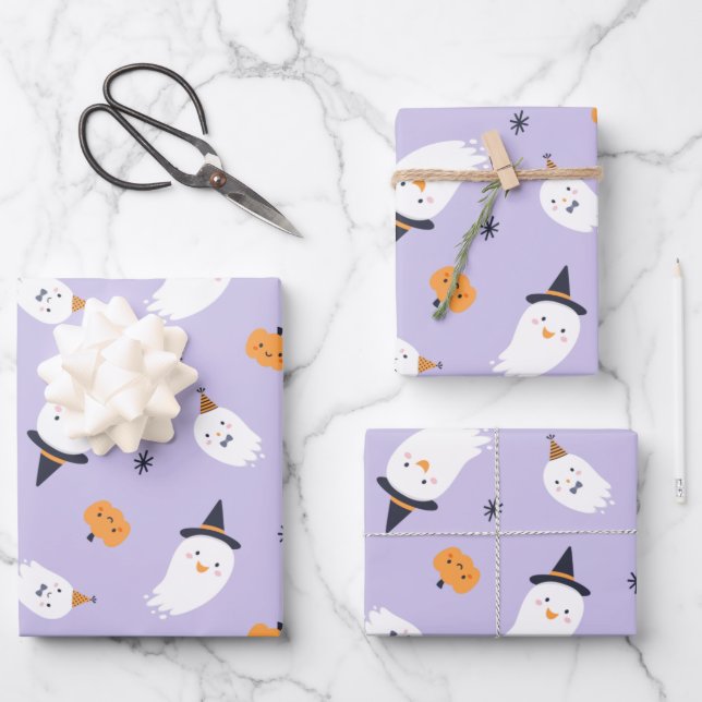 Hoja De Papel De Regalo Fantasma morado y calabaza (Anverso)