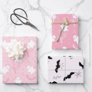 Hoja De Papel De Regalo Fantasma rosa y murciélago de Halloween
