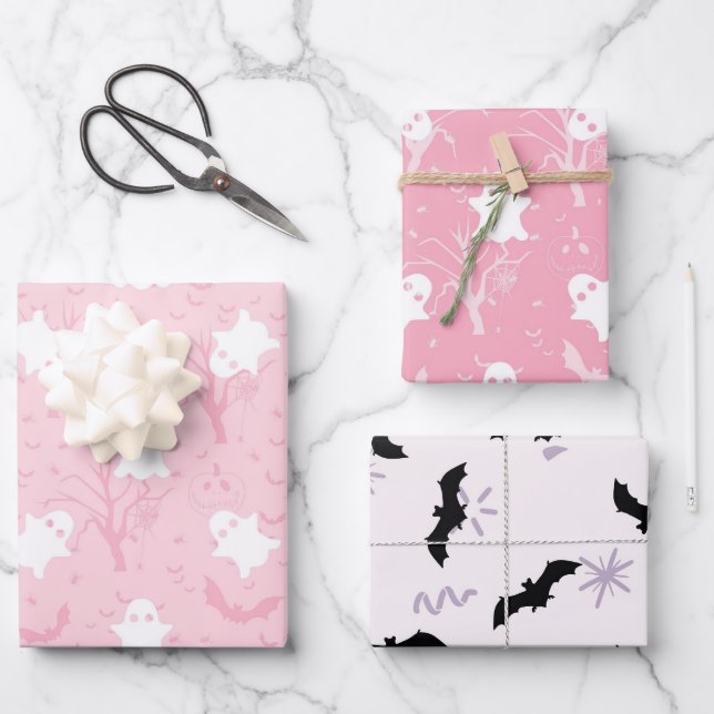 Hoja De Papel De Regalo Fantasma rosa y murciélago de Halloween (Anverso)