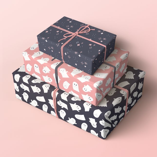 Hoja De Papel De Regalo Fantasmas amistosos y espumosos patrones de Hallow (Set of 3 Adorable Ghosts and Sparkles Halloween Patterns in Pastel Pink and Grey)