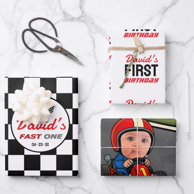 Hoja De Papel De Regalo Fast ONE | Black White Race Car Flags Birthday  (Anverso)