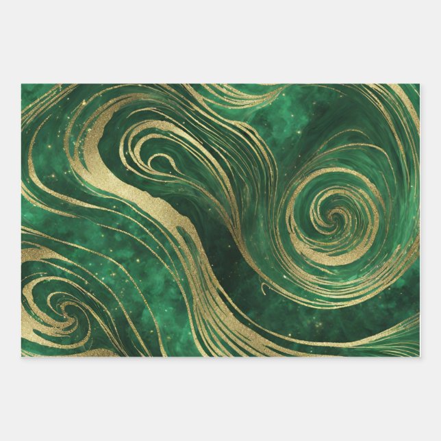 Hoja De Papel De Regalo Faux Gold Purpurina Green Marble Swirls AI Art (Anverso)