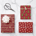 Hoja De Papel De Regalo Faux Gold Red Merry Christmas Trears<br><div class="desc">Este es un conjunto de Navidades envolviendo papel con oro falso,  que está decorado con letras de "Feliz Navidad" y patrones de árboles de Navidad,  copos de nieve y estrellas en un fondo de color rojo de color agua.</div>