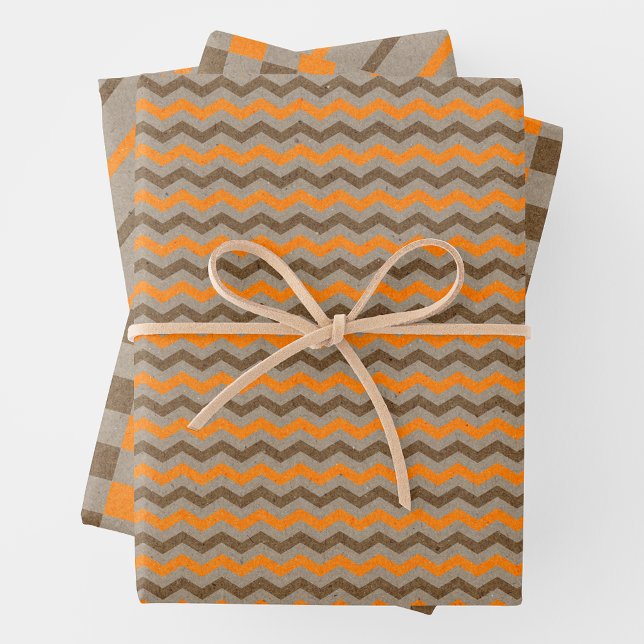 Hoja De Papel De Regalo Faux Kraft Paper w/ Dark Brown & Orange Patterns (Faux Kraft Paper w/ Dark Brown & Orange Multi-Patterns)