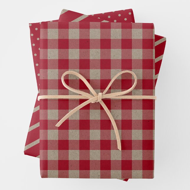 Hoja De Papel De Regalo Faux Kraft Paper With Plaid, Stripes & Polka Dots (Faux Brown & Red Kraft Paper w/ Plaid, Stripes & Polka Dots)