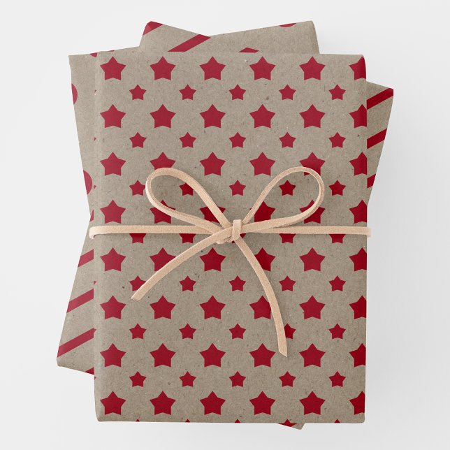Hoja De Papel De Regalo Faux Kraft Paper With Stars, Stripes & Polka Dots (Faux Brown Kraft Paper w/ Red Stars, Stripes & Polka Dots)