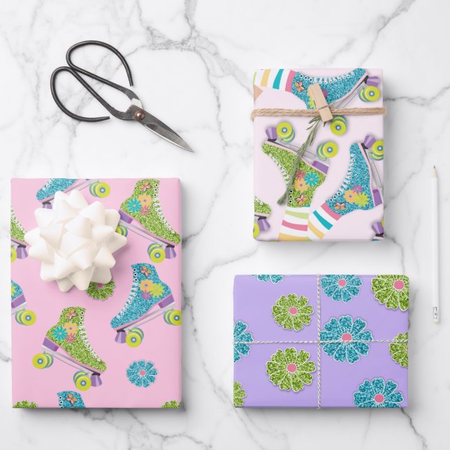 Hoja De Papel De Regalo Faux Purpurina Roller Fiesta de flores (Anverso)