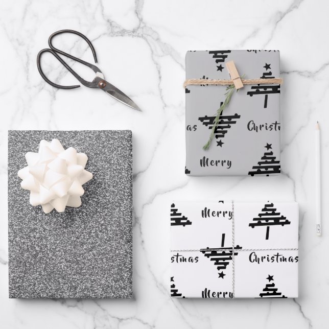 Hoja De Papel De Regalo Faux Silver Purpurina del árbol de Navidad negro (Anverso)