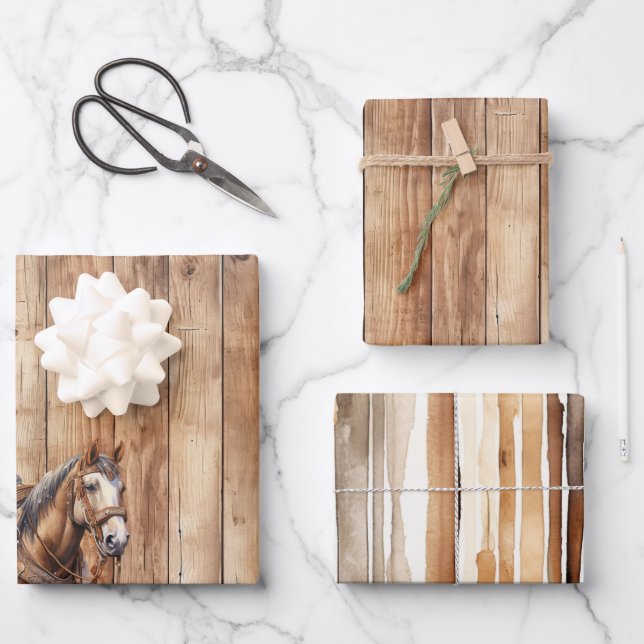 Hoja De Papel De Regalo Faux Wood Western Cowboy Cowgirl Horse Birday (Anverso)