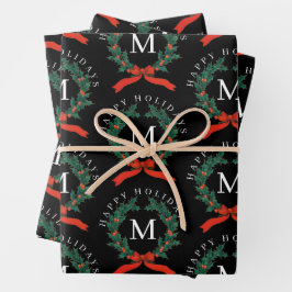 Hoja De Papel De Regalo Felices Fiestas Personalizadas Black Monogram Wrea