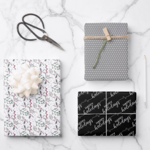 Hoja De Papel De Regalo Felices Fiestas Saludando El Deseo En Blanco Y Neg