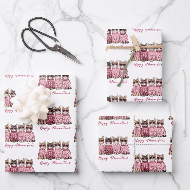Hoja De Papel De Regalo Felices gatos de Meowentine en suéteres Valentines (Anverso)