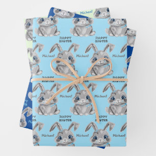 Hoja De Papel De Regalo Felices Niños De Pascua Conejo Conejo Azul Y Verde