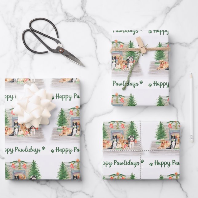 Hoja De Papel De Regalo Felices Pawlidays Cute Dogs Perro Lover Navidades (Anverso)
