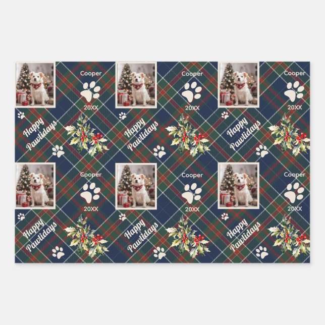 Hoja De Papel De Regalo Felices Pawlidays Dog Blue Plaid Navidades (Anverso)