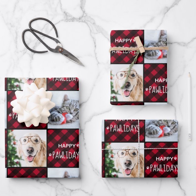 Hoja De Papel De Regalo Felices Pawlidays Red Buffalo Plaid Personalizado  (Anverso)