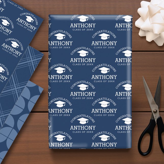 Hoja De Papel De Regalo Felicidades Graduado Cap azul marino (Custom Graduation Wrapping Paper)