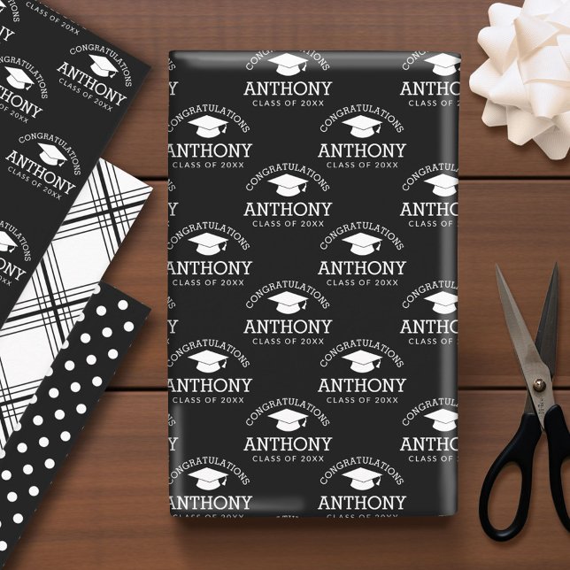 Hoja De Papel De Regalo Felicidades Graduado Cap negro (Custom Graduation Wrapping Paper)