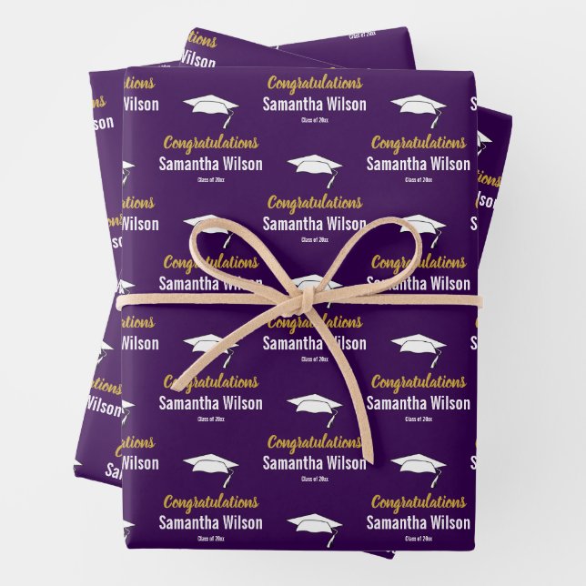 Hoja De Papel De Regalo Felicitaciones Grad Name Dark Purple Gold White (In situ)