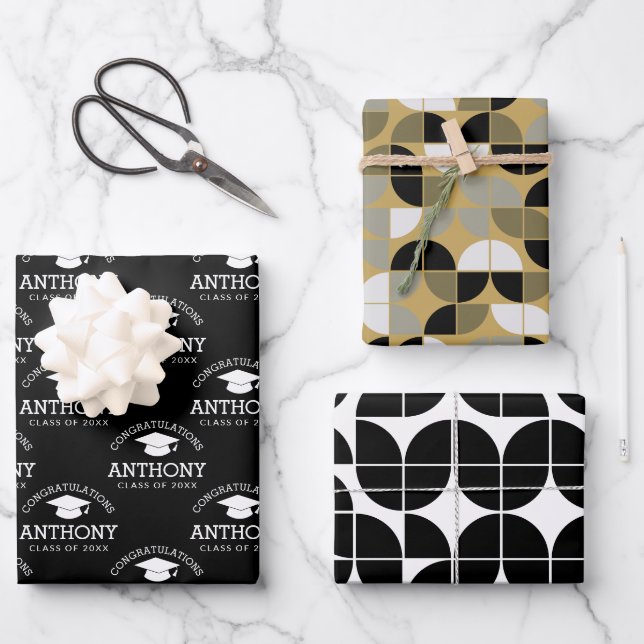 Hoja De Papel De Regalo Felicitaciones Graduado Graduado Cap oro negro (Anverso)