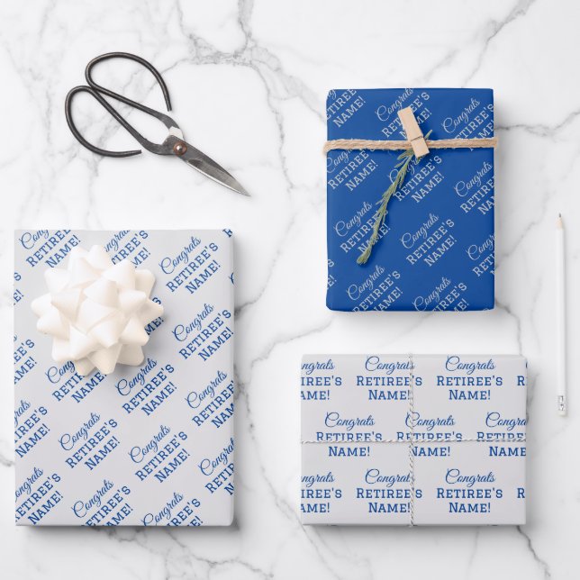 Hoja De Papel De Regalo ¡Felicitaciones personalizadas Retiree! Azul sobre (Anverso)