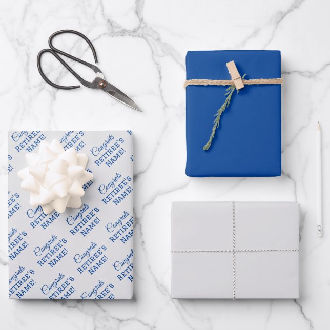 Hoja De Papel De Regalo ¡Felicitaciones personalizadas Retiree! Azul sobre (Anverso)