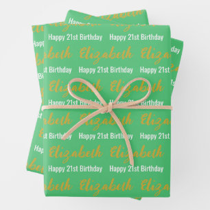 Hoja De Papel De Regalo Feliz 21 cumpleaños nombre de oro verde esmeralda