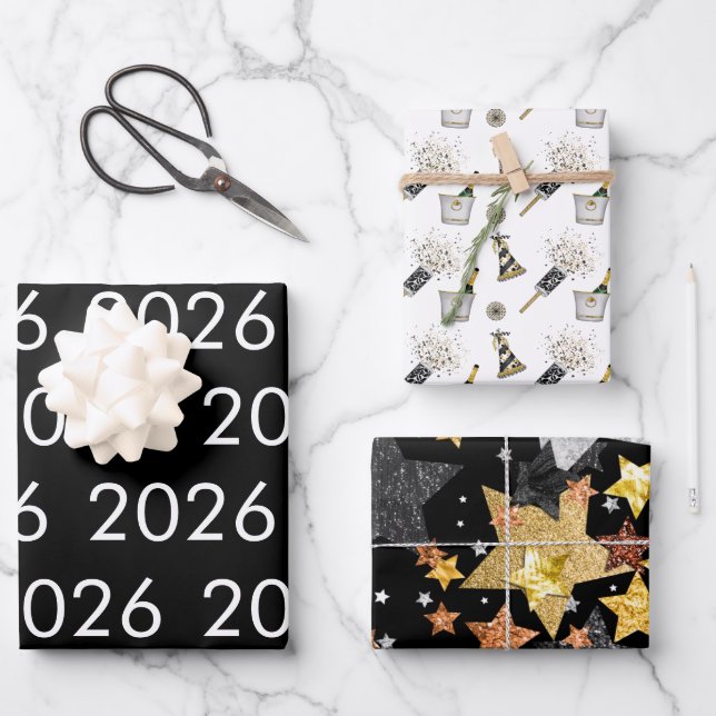 Hoja De Papel De Regalo Feliz Año Nuevo 2026 Black White Gold Confetti (Anverso)