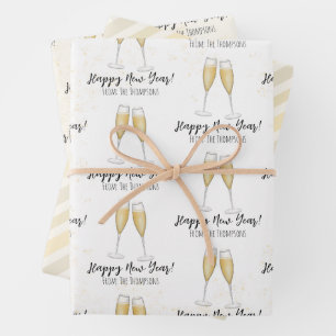 Hoja De Papel De Regalo Feliz Año Nuevo Fiesta Champagne Watercolor Gold