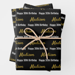 Hoja De Papel De Regalo Feliz cumpleaños 30 Nombre dorado Negro y Blanco