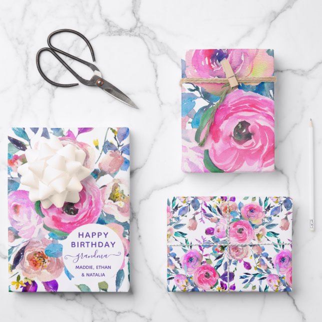 Hoja De Papel De Regalo Feliz cumpleaños, abuela Floral (Anverso)