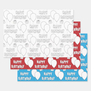 Hoja De Papel De Regalo Feliz cumpleaños con globos Azul rojo blanco