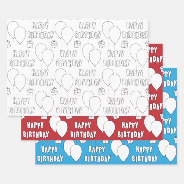 Hoja De Papel De Regalo Feliz cumpleaños con globos| Azul rojo blanco (Set)