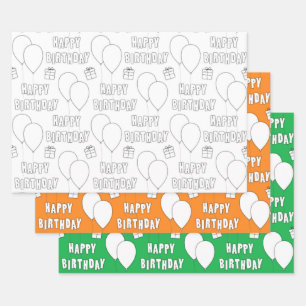 Hoja De Papel De Regalo Feliz cumpleaños con globos  Verde Naranja blanco