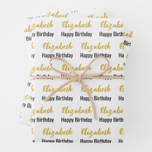 Hoja De Papel De Regalo Feliz cumpleaños Gold Script Nombre blanco y negro