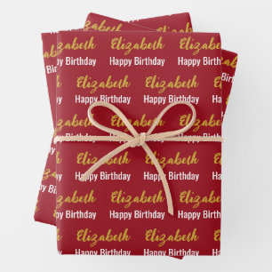 Hoja De Papel De Regalo Feliz cumpleaños Gold Script Nombre Ruby Red