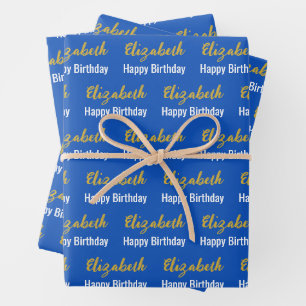 Hoja De Papel De Regalo Feliz cumpleaños Gold Script nombre Sapphire Blue