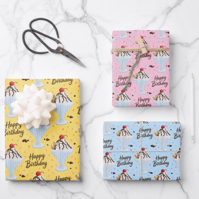 Hoja De Papel De Regalo Feliz Cumpleaños Helado Sundae (Anverso)