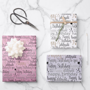 Hoja De Papel De Regalo Feliz cumpleaños morado rosado