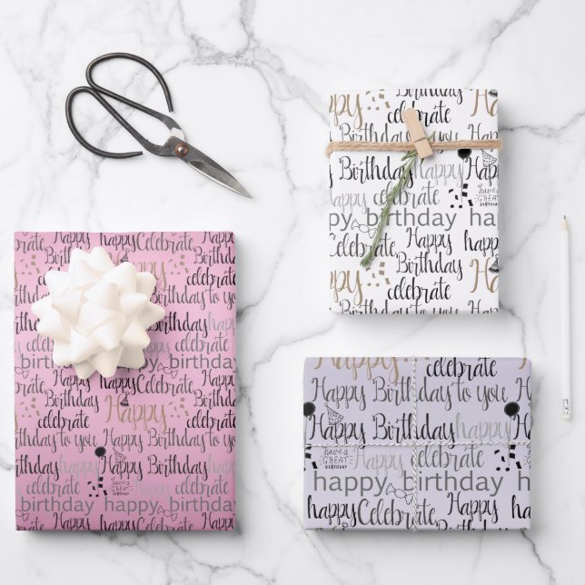 Hoja De Papel De Regalo Feliz cumpleaños morado rosado (Anverso)