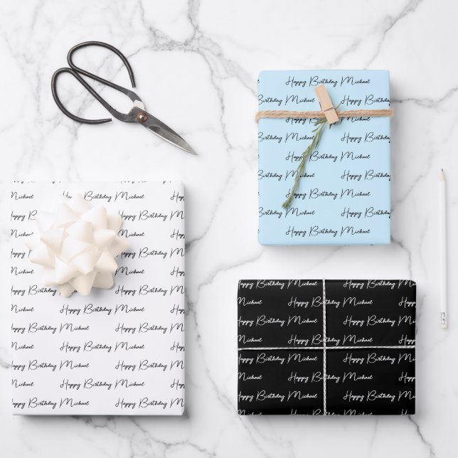 Hoja De Papel De Regalo Feliz cumpleaños personalizado azul, negro y blanc (Anverso)