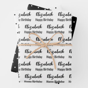 Hoja De Papel De Regalo Feliz cumpleaños: puntos de polka blanco y negro