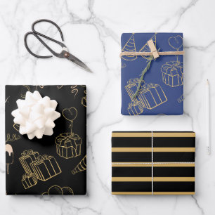 Hoja De Papel De Regalo Feliz cumpleaños regalos de oro azul negro