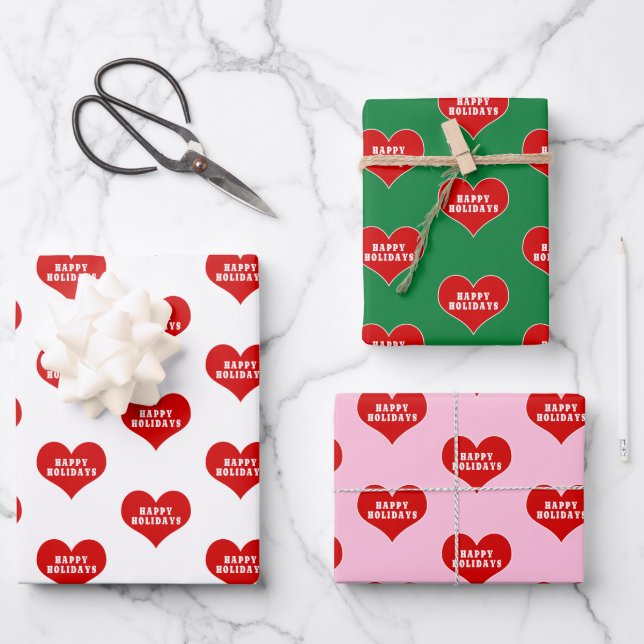 Hoja De Papel De Regalo FELIZ FESTIVIDAD Red Love Heart (Anverso)