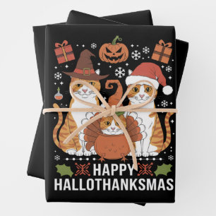 Hoja De Papel De Regalo Feliz Hallothanksmas Gatos Halloween Navidad