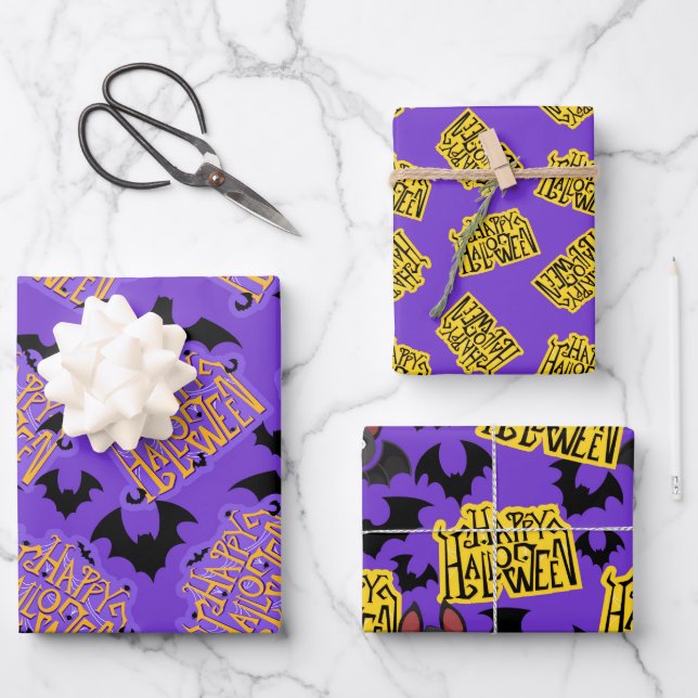 Hoja De Papel De Regalo Feliz Halloween con letras Purple (Anverso)