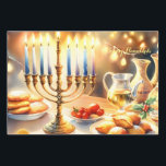 Hoja De Papel De Regalo Feliz Hanukkah<br><div class="desc">Ilustracion acuático Hanukkah. Una mesa muy bien arreglada para una celebración festiva,  con una menorah tradicional con velas encendidas. La luz es suave y cálida,  mientras que la decoración de las vacaciones aporta un toque de alegría. Las luces cálidas crean un ambiente acogedor y acogedor.</div>